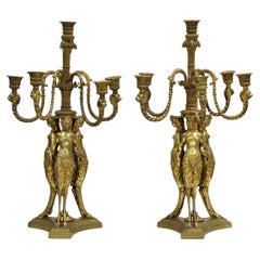 Antique French Neoclassical Bronze Figural Satyress Candelabras - a Pair