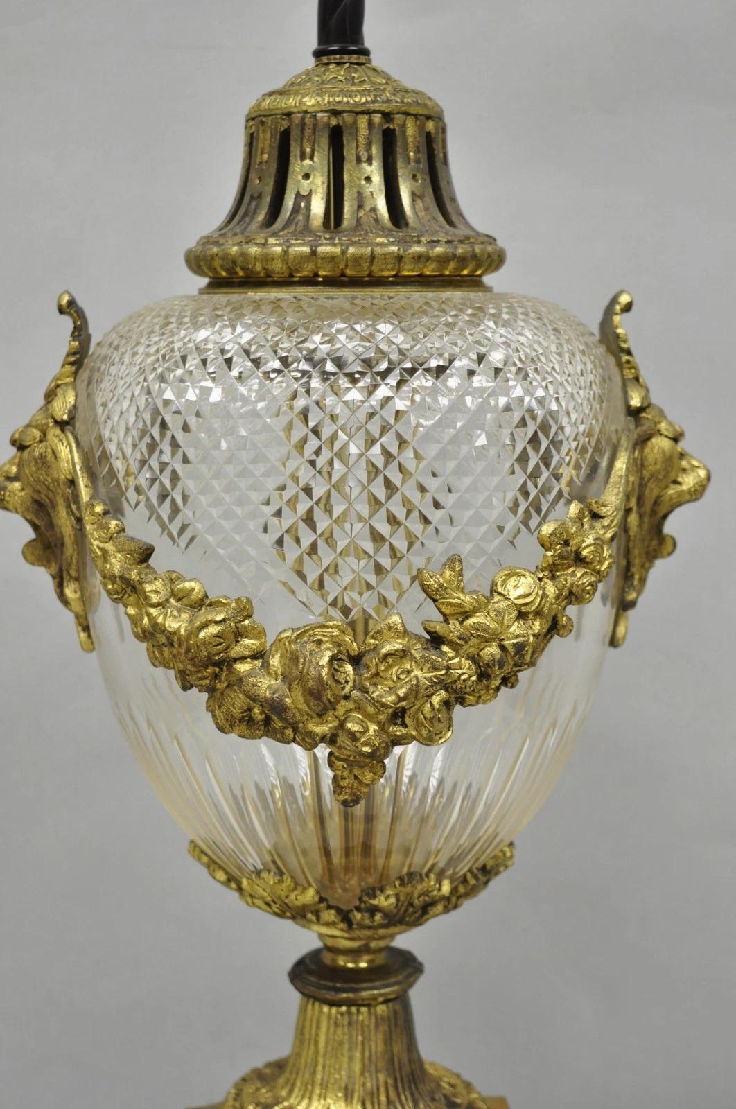 Antique French Neoclassical Bronze Lion Ormolu Diamond Cut Glass Urn Table Lamp For Sale 8