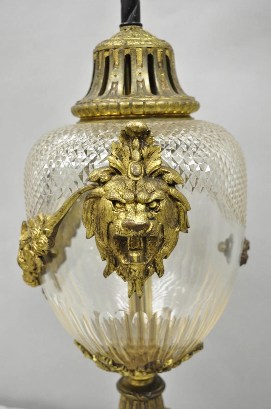 Antique French Neoclassical Bronze Lion Ormolu Diamond Cut Glass Urn Table Lamp For Sale 9