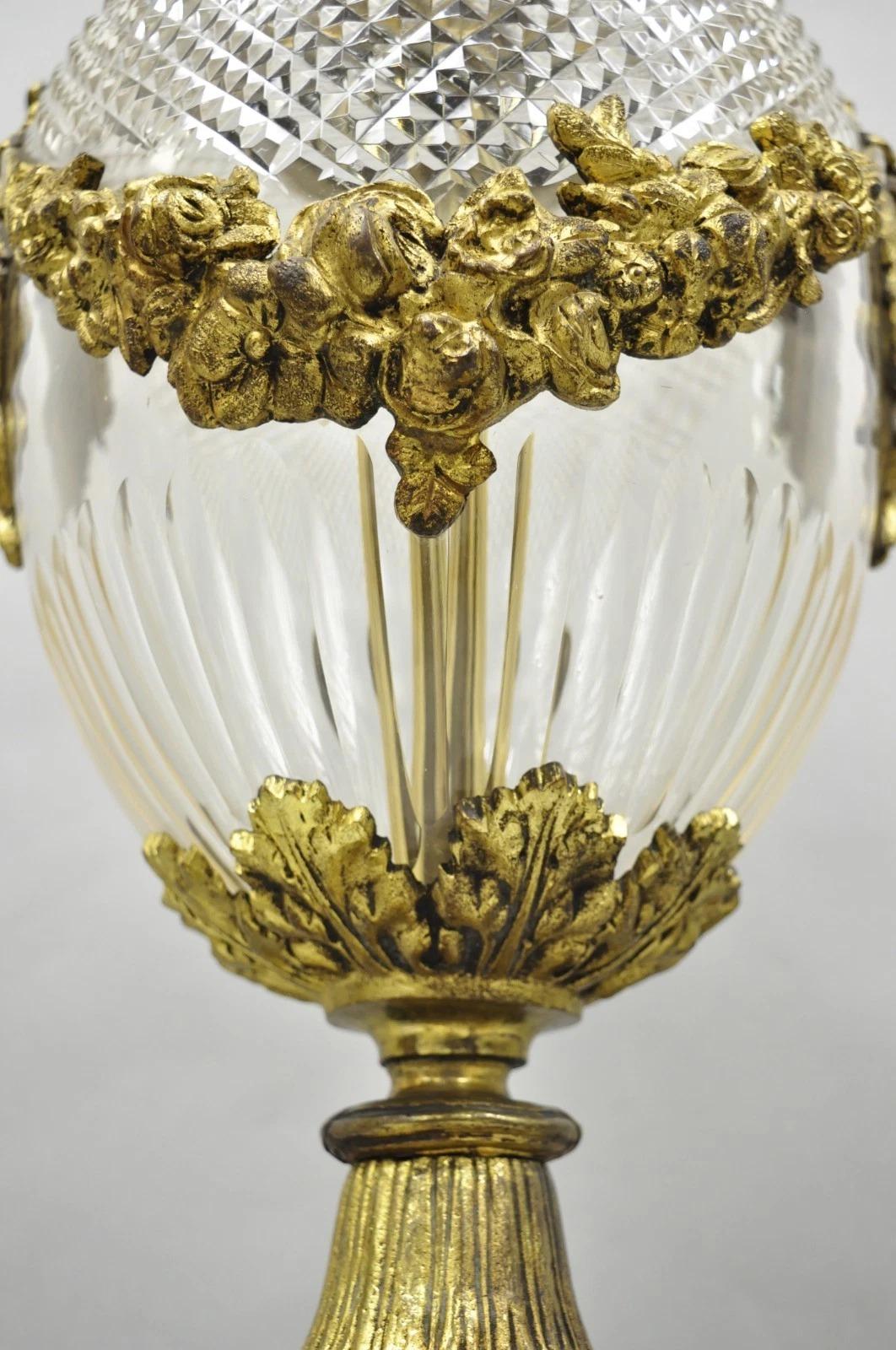 Antique French Neoclassical Bronze Lion Ormolu Diamond Cut Glass Urn Table Lamp For Sale 10