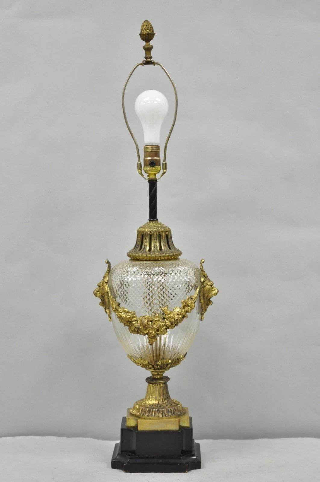 Antique French Neoclassical Bronze Lion Ormolu Diamond Cut Glass Urn Table Lamp For Sale 13