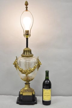Antique French Neoclassical Bronze Lion Ormolu Diamond Cut Glass Urn Table Lamp