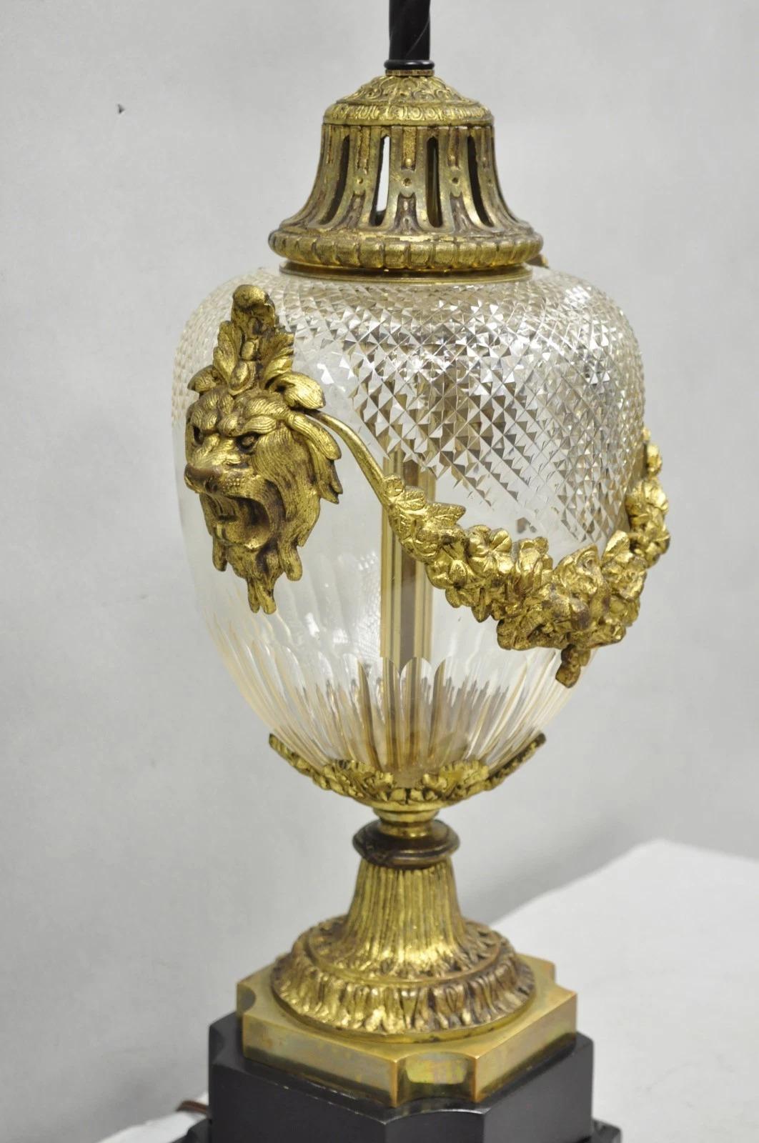 20th Century Antique French Neoclassical Bronze Lion Ormolu Diamond Cut Glass Urn Table Lamp For Sale
