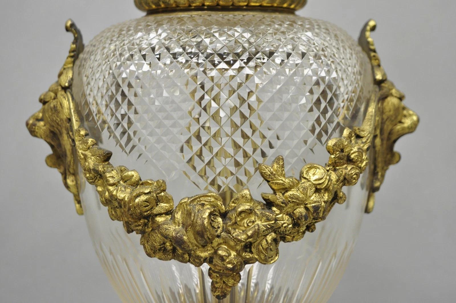 Antique French Neoclassical Bronze Lion Ormolu Diamond Cut Glass Urn Table Lamp For Sale 2