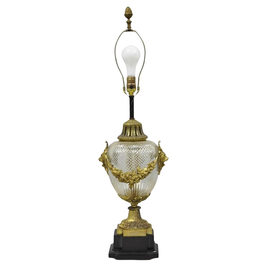 Antique French Neoclassical Bronze Lion Ormolu Diamond Cut Glass Urn Table Lamp For Sale