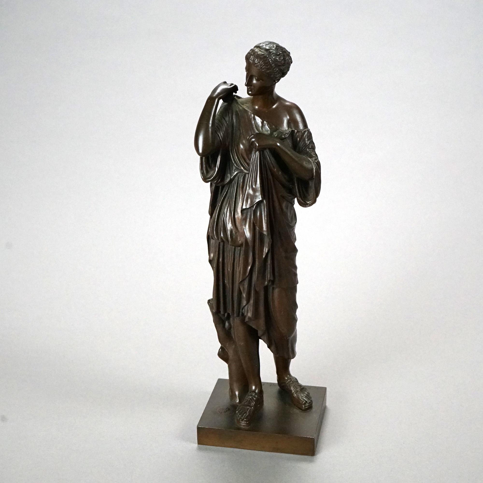 An antique French cast bronze portrait sculpture of a Classical woman, inscribed 
