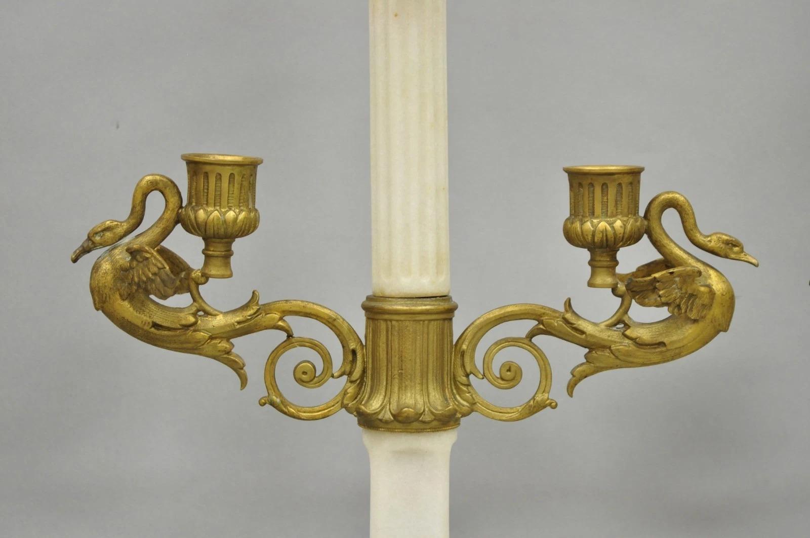 Neoclassico Antique French Neoclassical Bronze Swans Cherub Marble Column Candelabras - Pair in vendita