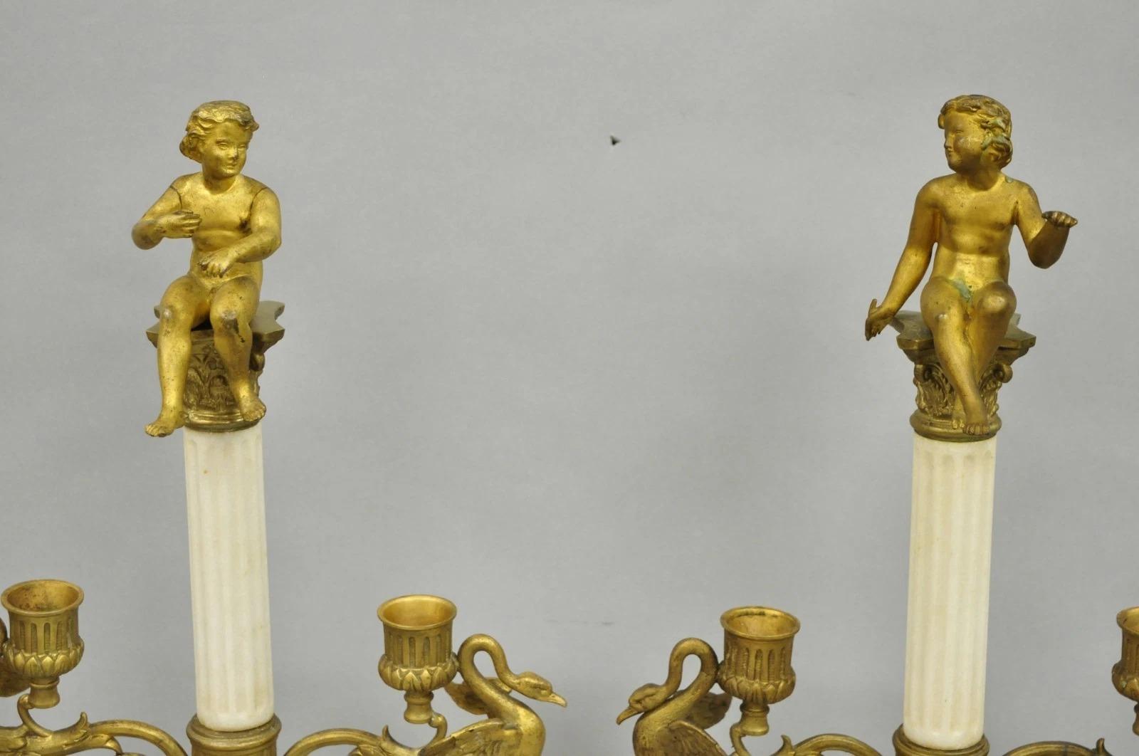 Sconosciuto Antique French Neoclassical Bronze Swans Cherub Marble Column Candelabras - Pair in vendita