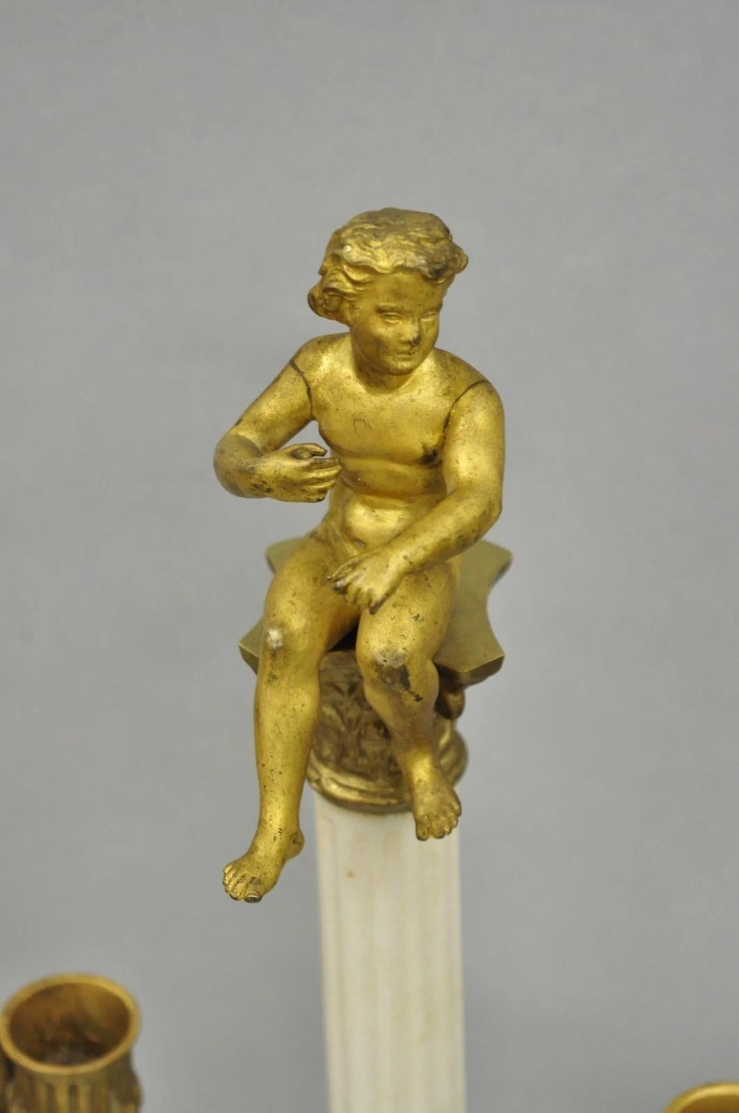 Antique French Neoclassical Bronze Swans Cherub Marble Column Candelabras - Pair In condizioni buone in vendita a Philadelphia, PA