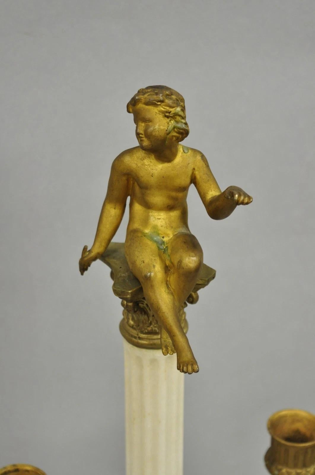 XX secolo Antique French Neoclassical Bronze Swans Cherub Marble Column Candelabras - Pair in vendita
