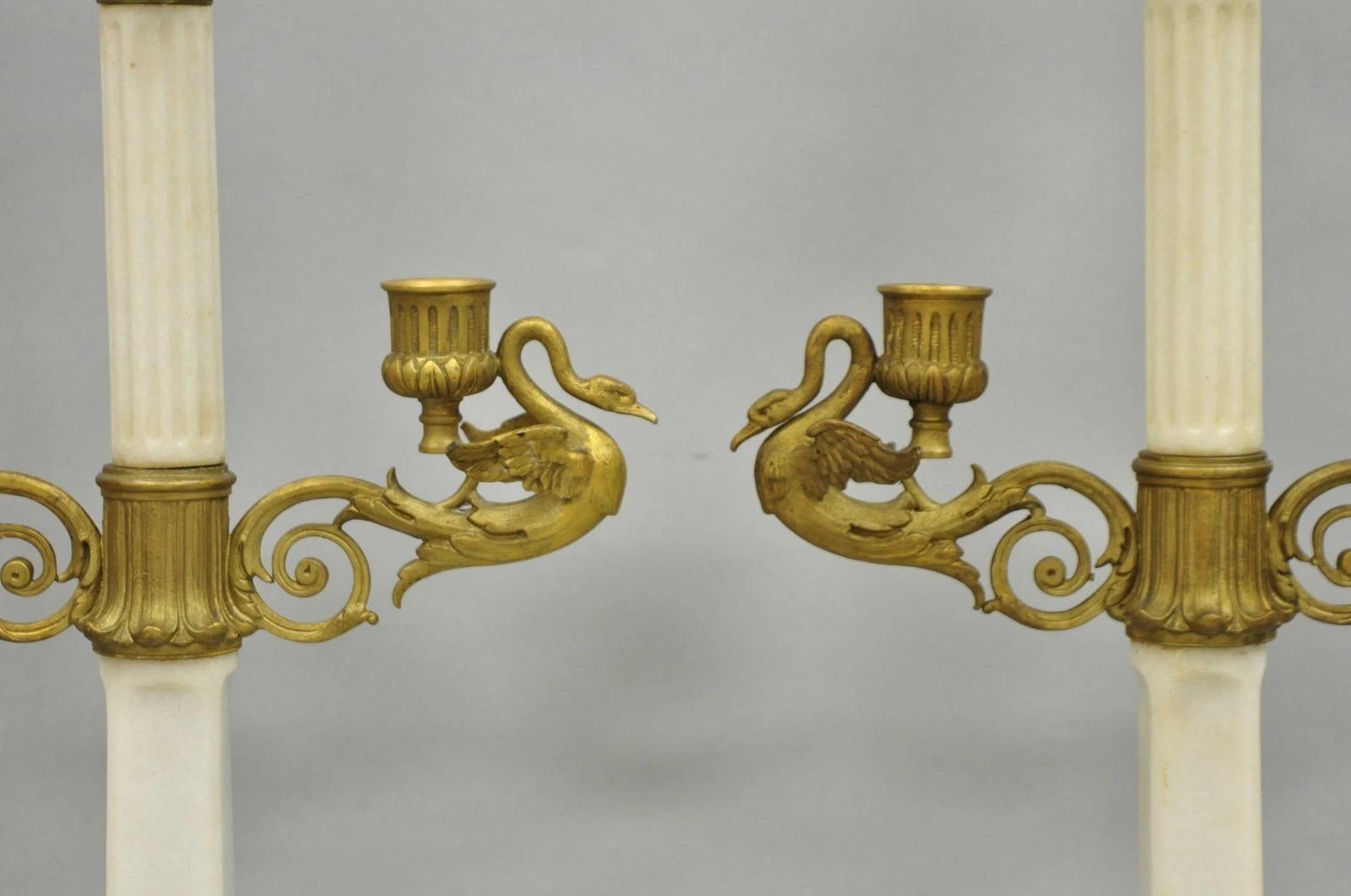 Bronzo Antique French Neoclassical Bronze Swans Cherub Marble Column Candelabras - Pair in vendita