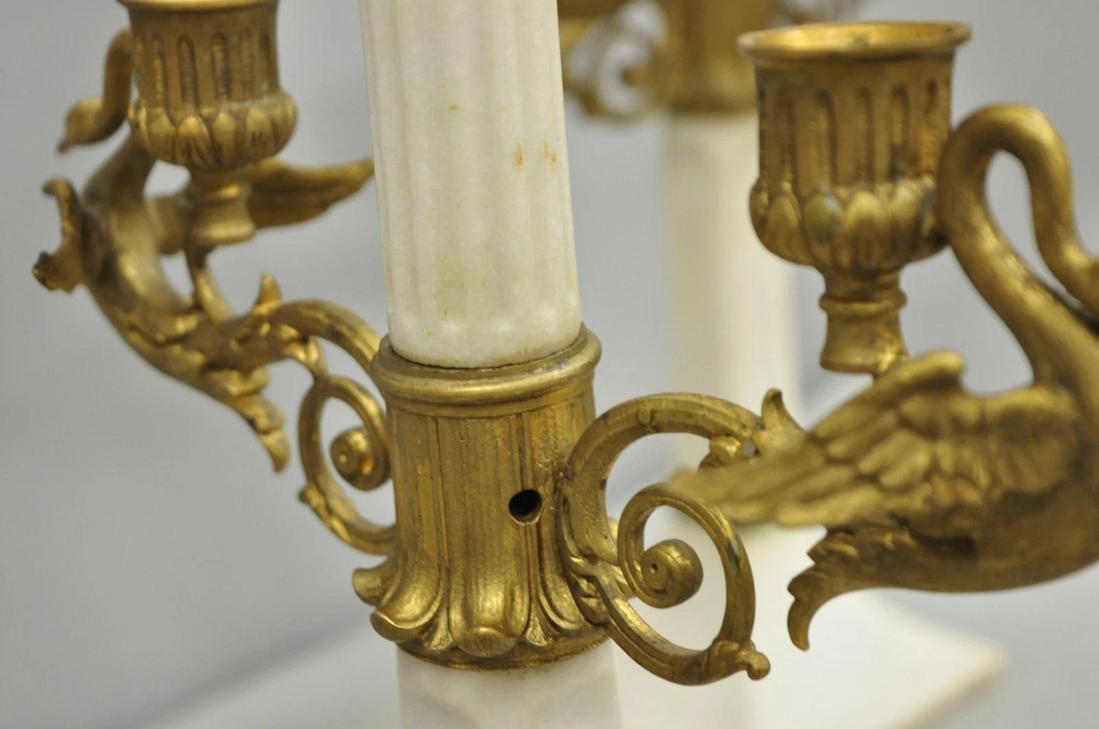 Antique French Neoclassical Bronze Swans Cherub Marble Column Candelabras - Pair in vendita 2