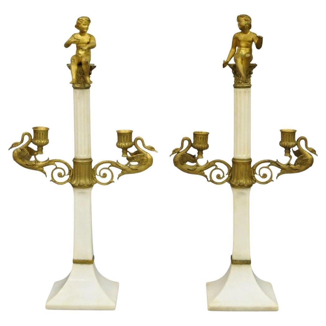 Antique French Neoclassical Bronze Swans Cherub Marble Column Candelabras - Pair in vendita