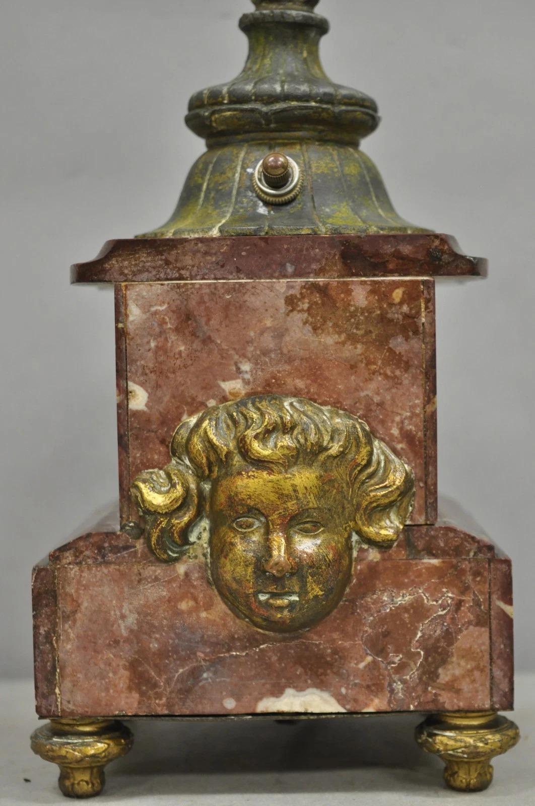 Antique French Neoclassical Bronze Fackel & Trompete Arm Marmor Basis Tischlampe im Angebot 6