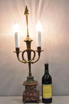 Antique French Neoclassical Bronze Torch & Trumpet Arm Marble Base Table Lamp