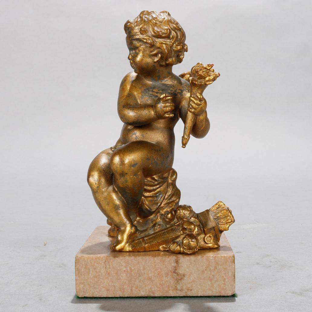 Antique French Neoclassical Bronzed Metal Cherub on Marble Plinth, circa 1890 In Good Condition In Big Flats, NY