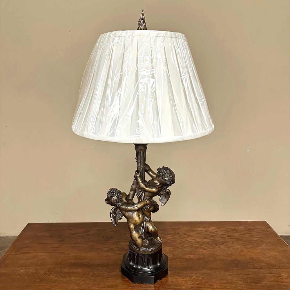 Louis XVI Antique French Neoclassical Cast Bronze & Slate Table Lamp with Silk Shade For Sale