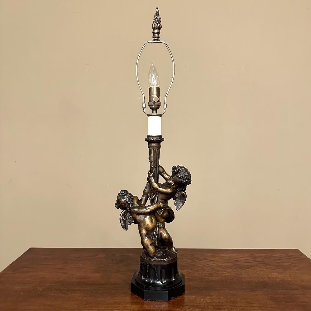 Hand-Crafted Antique French Neoclassical Cast Bronze & Slate Table Lamp with Silk Shade For Sale