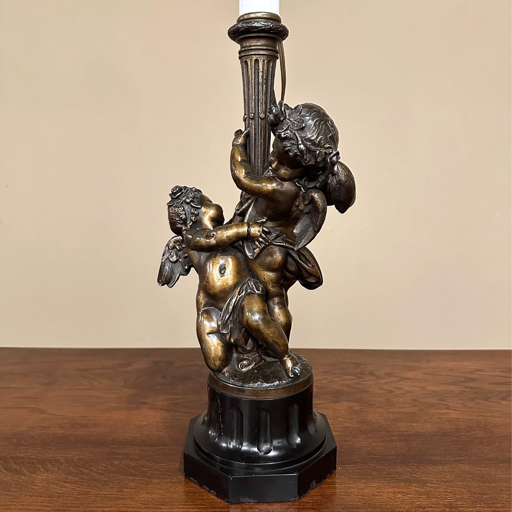 20th Century Antique French Neoclassical Cast Bronze & Slate Table Lamp with Silk Shade For Sale