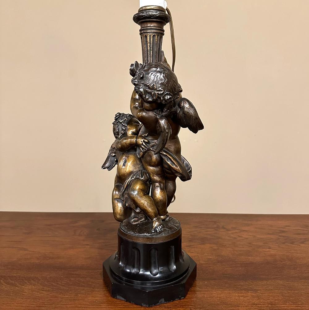 Antique French Neoclassical Cast Bronze & Slate Table Lamp with Silk Shade For Sale 1