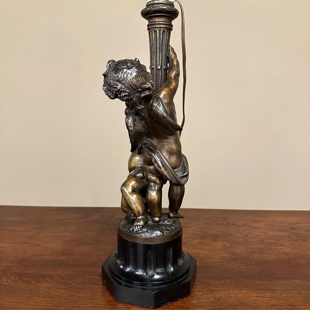 Antique French Neoclassical Cast Bronze & Slate Table Lamp with Silk Shade For Sale 2