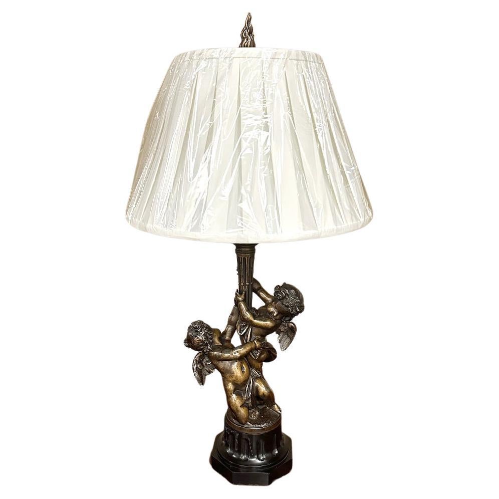 Antique French Neoclassical Cast Bronze & Slate Table Lamp with Silk Shade For Sale