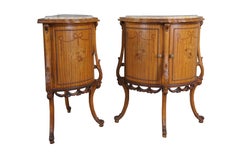 Antique French Neoclassical Demilune Satinwood Marble Cabinet Side Tables