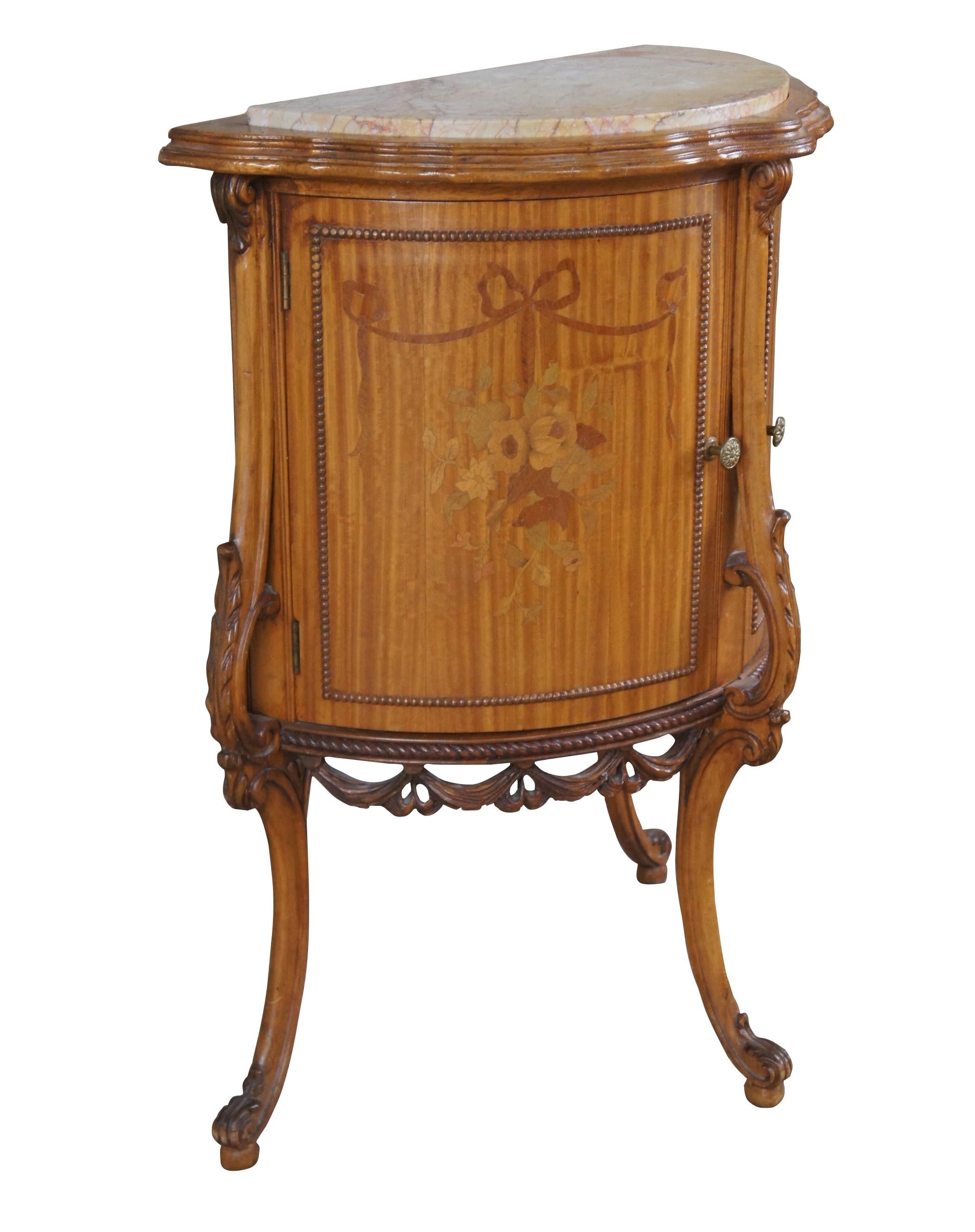 Antique French Neoclassical Demilune Satinwood Marble Cabinet Mesas Auxiliares Luis XV en venta