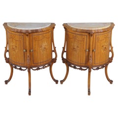 Antique French Neoclassical Demilune Satinwood Marble Cabinet Side Tables