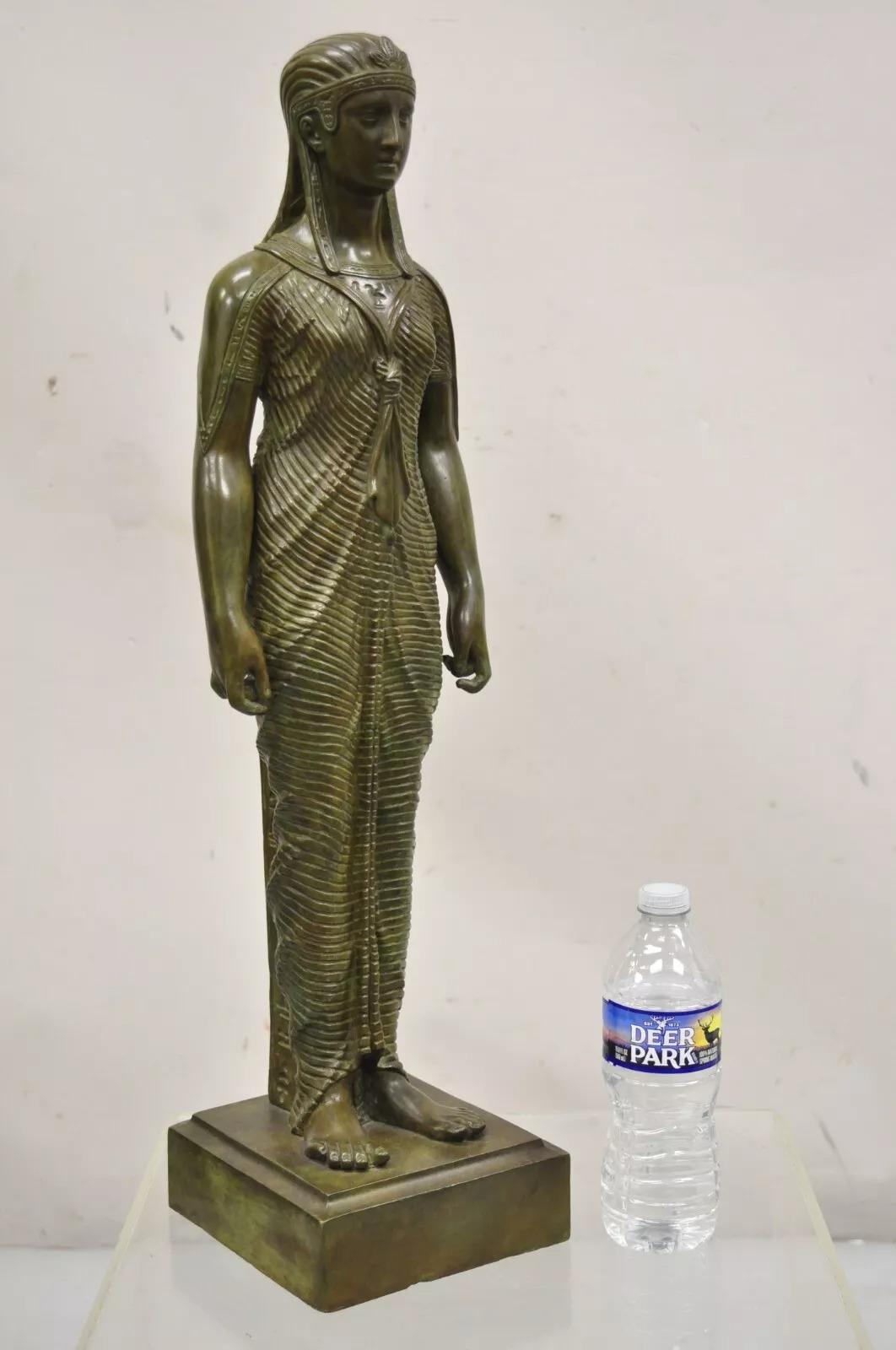 Antique French Neoclassical Egyptian Revival Tall Bronze Woman Figure Statue Sculpture with Stunning Detail and Patina. Signature to base appears to read 