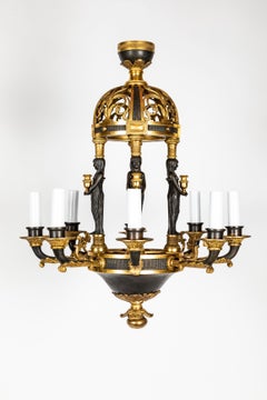 Antique French Neoclassical Empire Figural Gilt and Patinated Bronze Chandelier