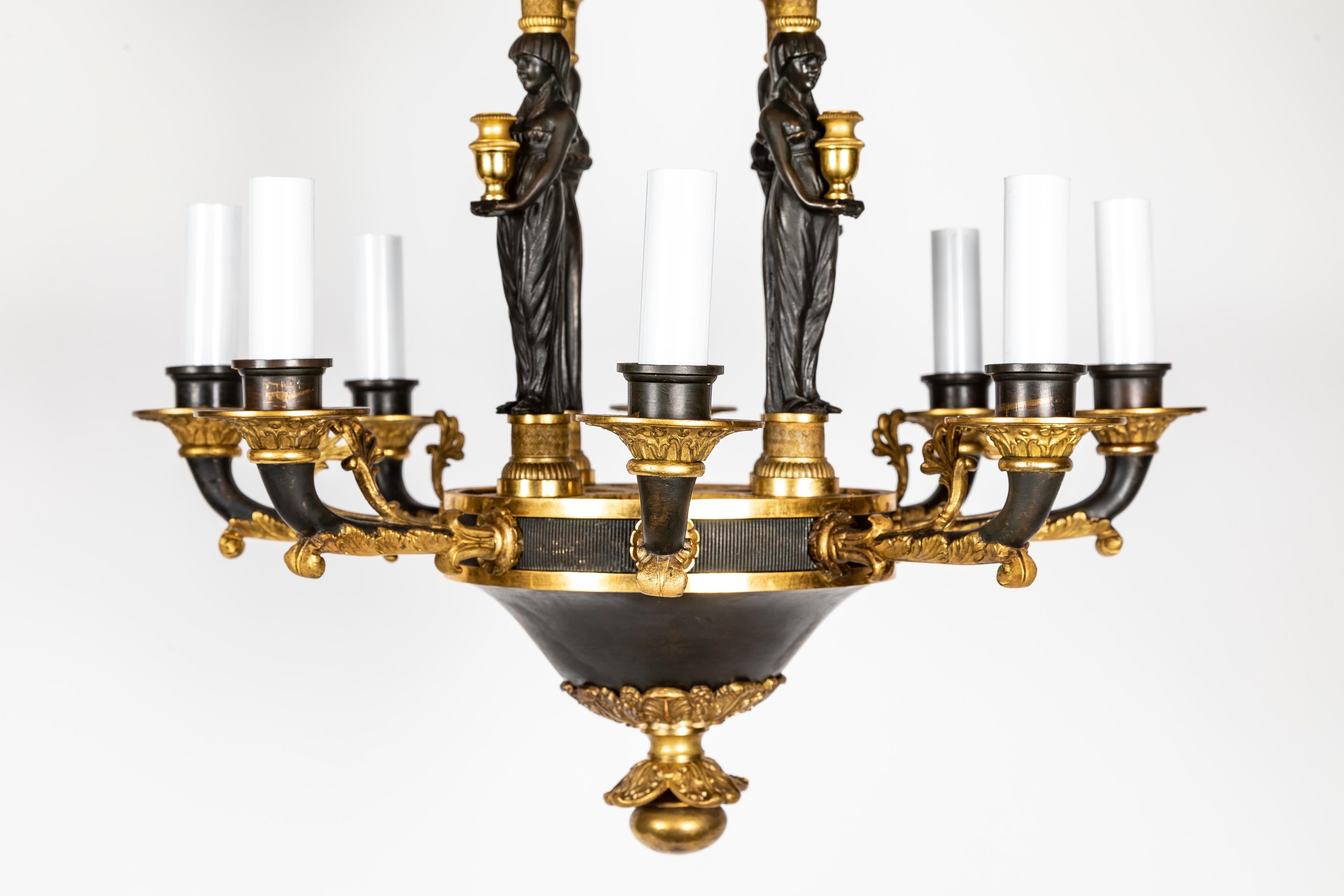 19th Century Antique French Neoclassical Empire Figural Gilt and Patinated Bronze Chandelier For Sale