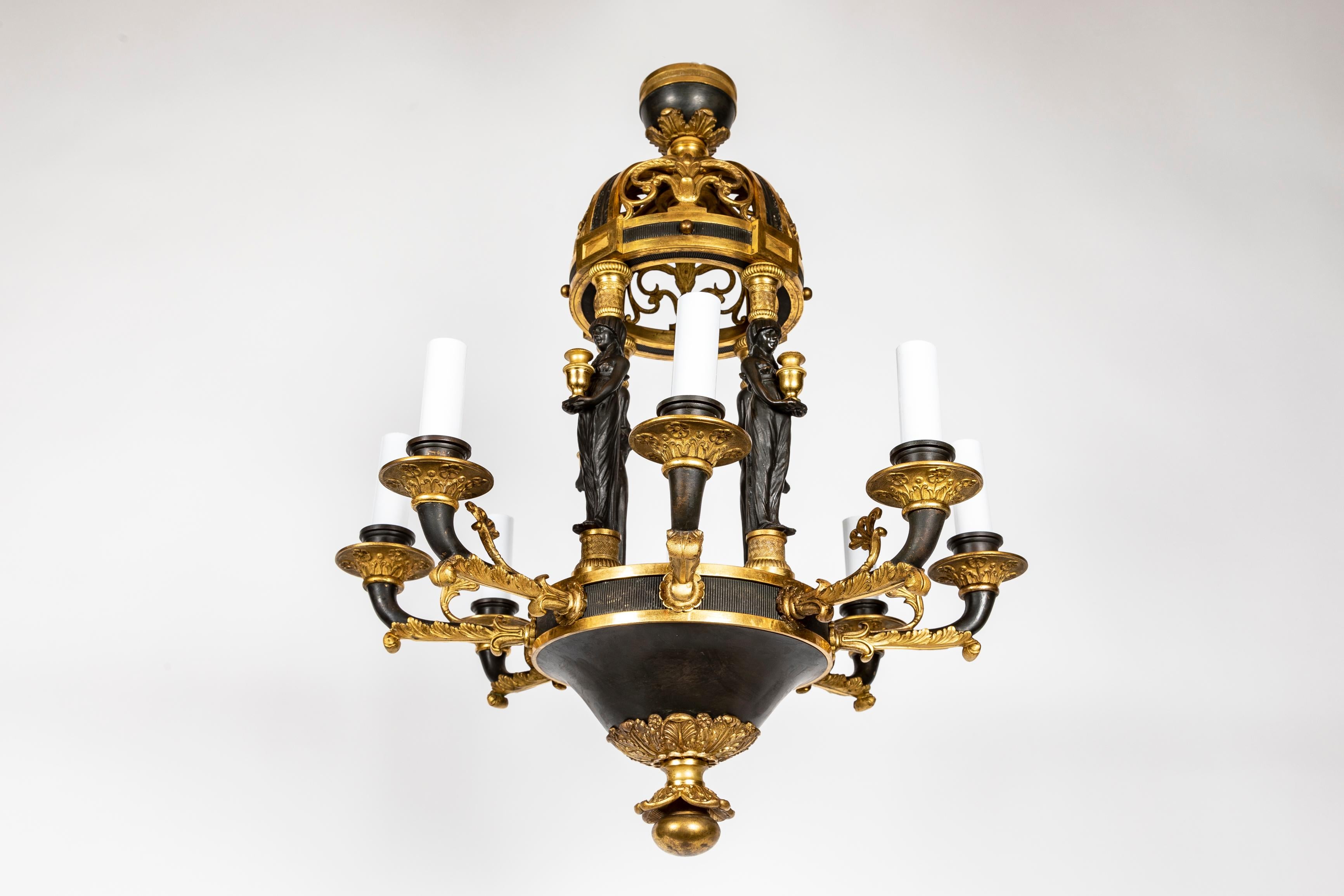 Antique French Neoclassical Empire Figural Gilt and Patinated Bronze Chandelier For Sale 2