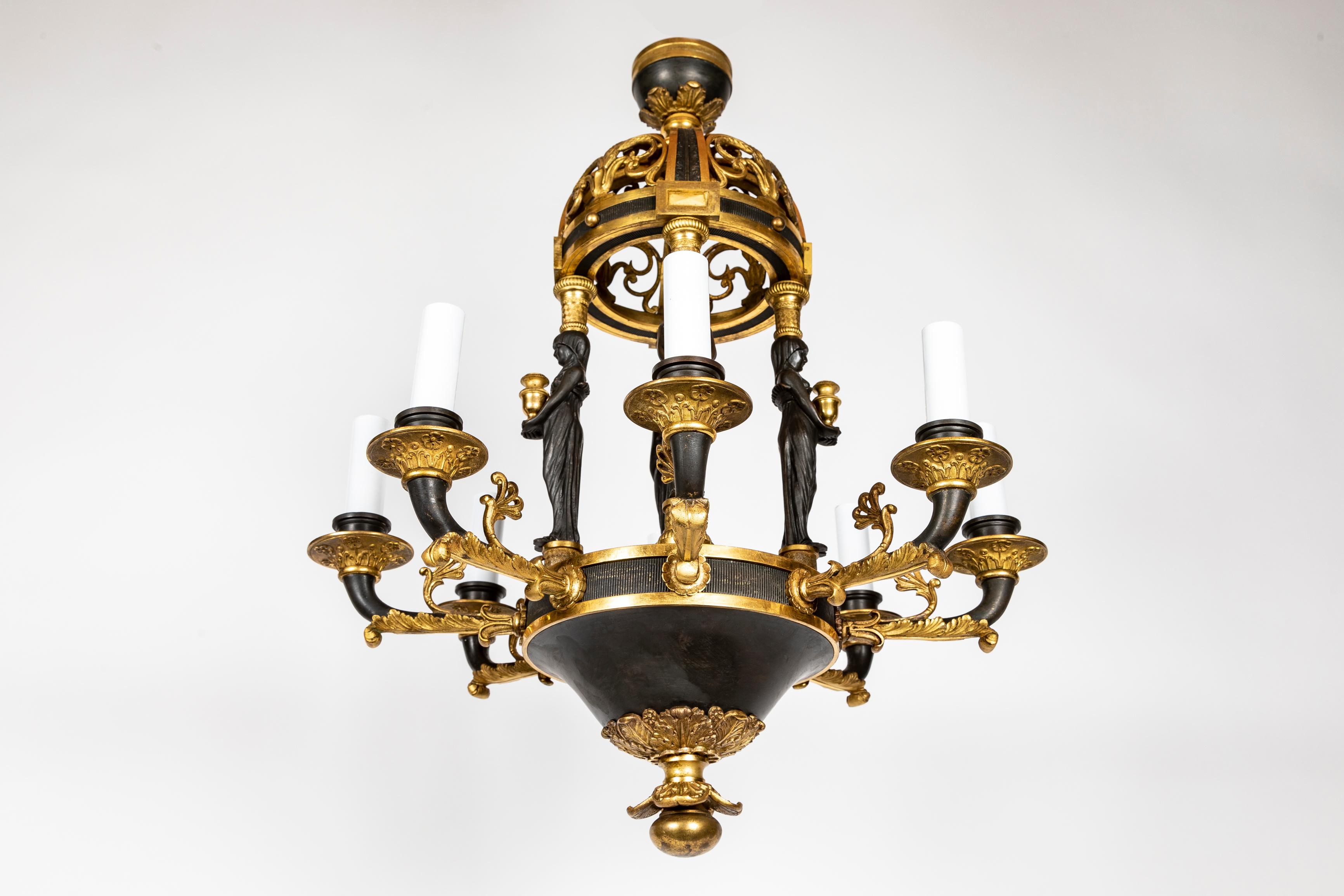Antique French Neoclassical Empire Figural Gilt and Patinated Bronze Chandelier For Sale 3