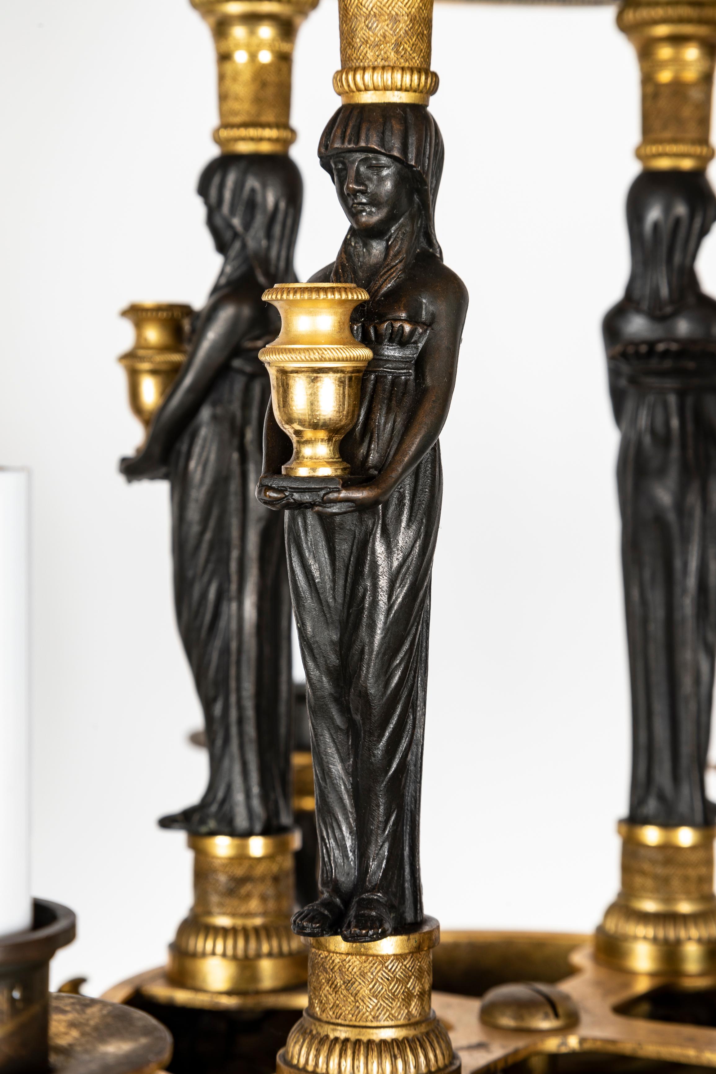 Antique French Neoclassical Empire Figural Gilt and Patinated Bronze Chandelier For Sale 4