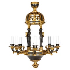 Antique French Neoclassical Empire Figural Gilt and Patinated Bronze Chandelier