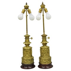 Antique French Neoclassical Figural Brass Repousse Cherub Lion Table Lamp - Pair