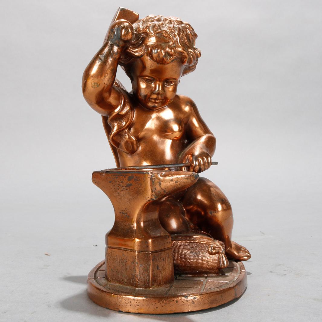 An antique French neoclassical figural sculpture offers bronzed metal casting of winged cherub working with hammer, Labor of Cupid, and anvil, circa 1890.

Measures: 6.5