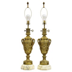 Antique French Neoclassical Gilt Bronze Figural Twin Handle Urn Table Lamp Pair