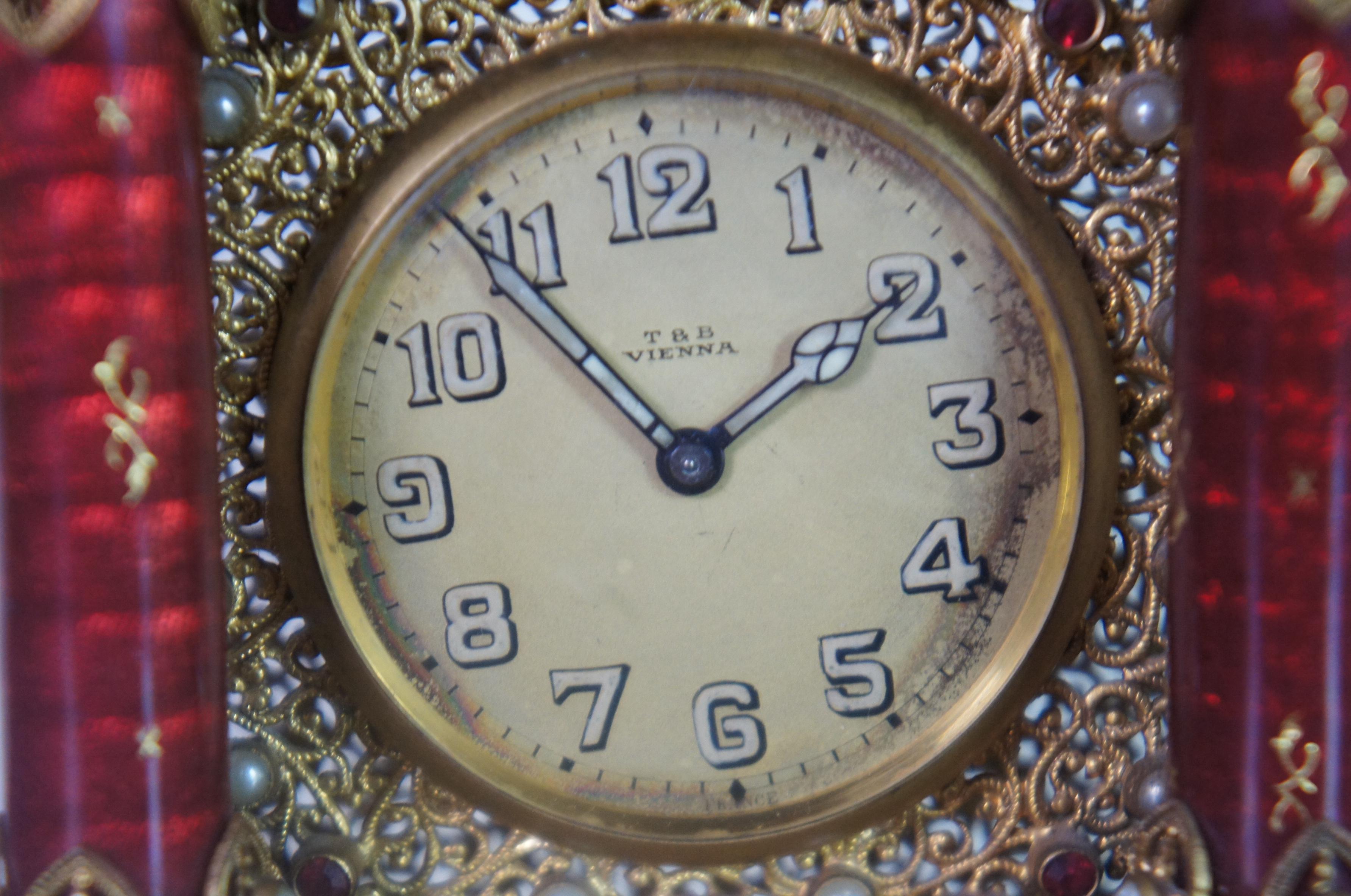 Antique French Neoclassical Gilt Filigree Jeweled Vanity Desk Pediment Clock 5