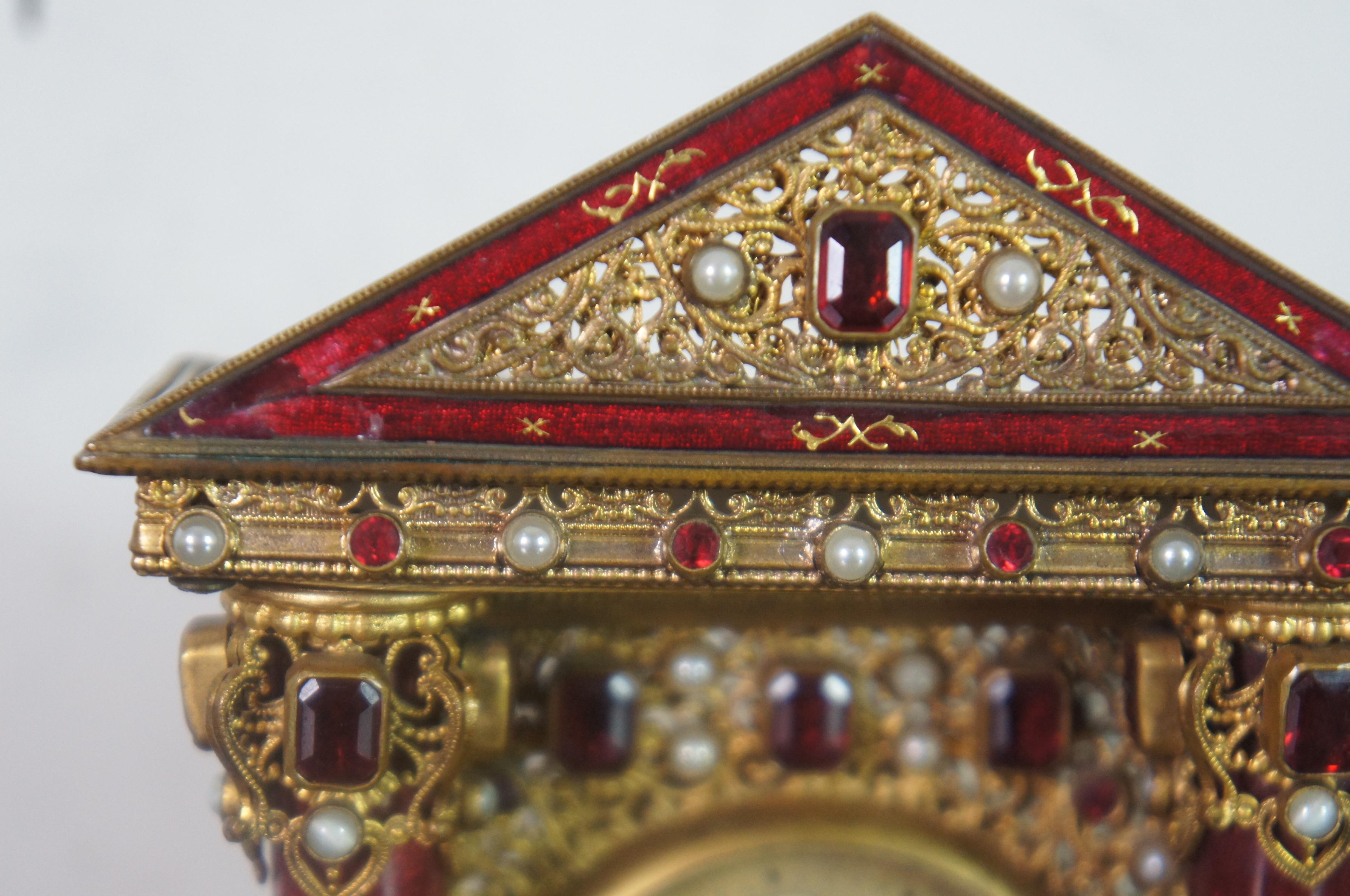 Antique French Neoclassical Gilt Filigree Jeweled Vanity Desk Pediment Clock 6