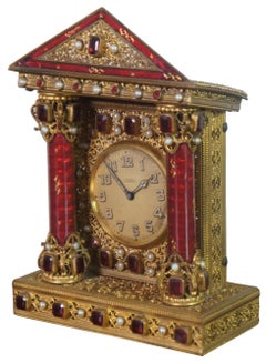 Antique French Neoclassical Gilt Filigree Jeweled Vanity Desk Pediment Clock