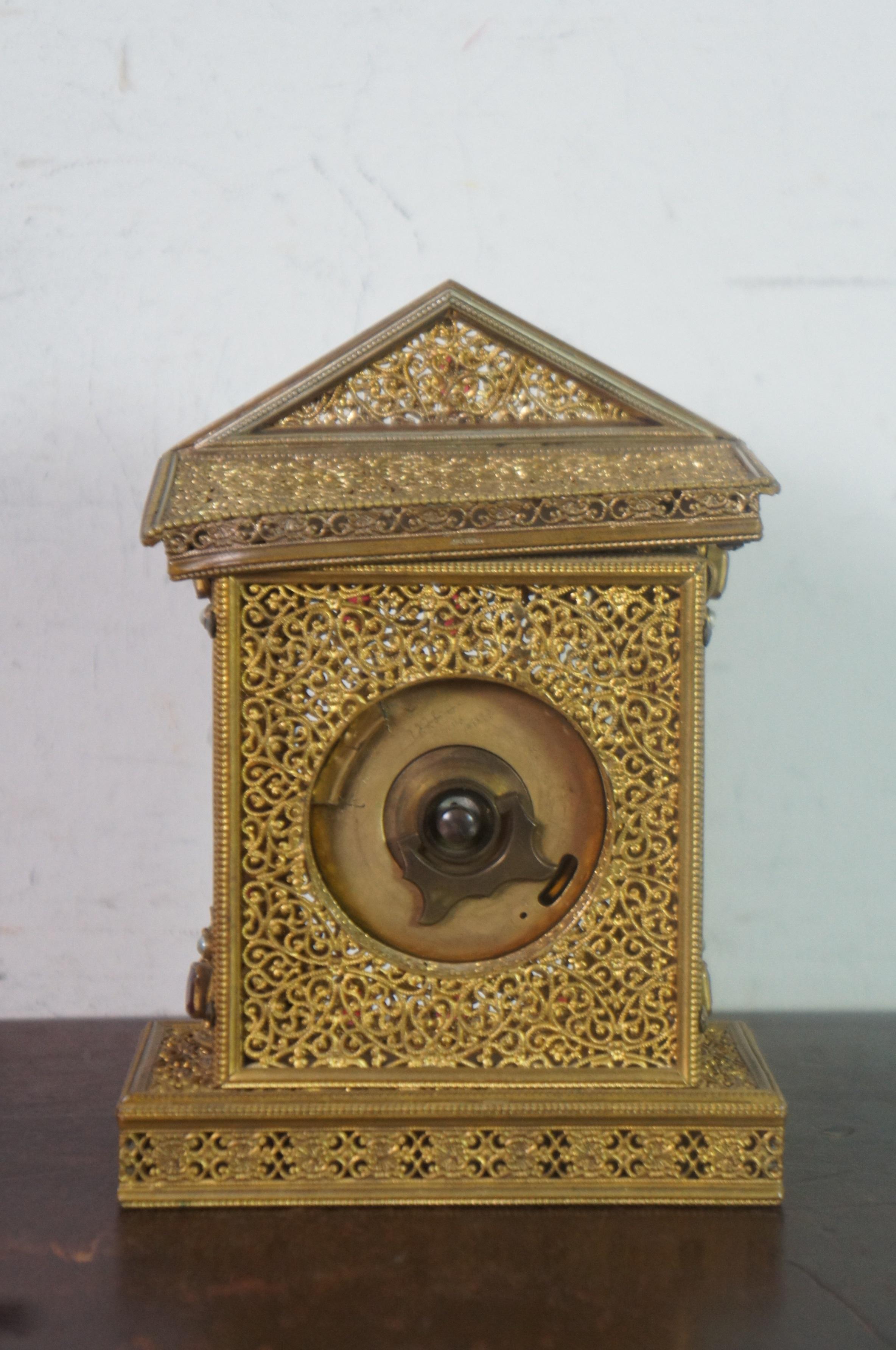 20th Century Antique French Neoclassical Gilt Filigree Jeweled Vanity Desk Pediment Clock