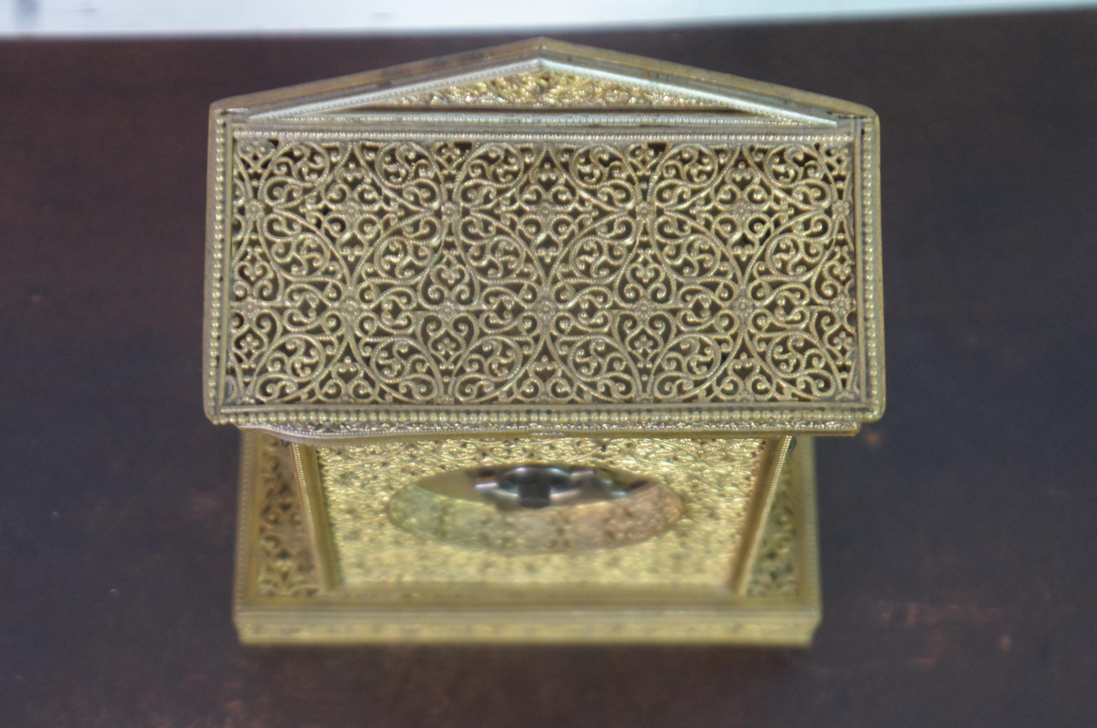 Brass Antique French Neoclassical Gilt Filigree Jeweled Vanity Desk Pediment Clock