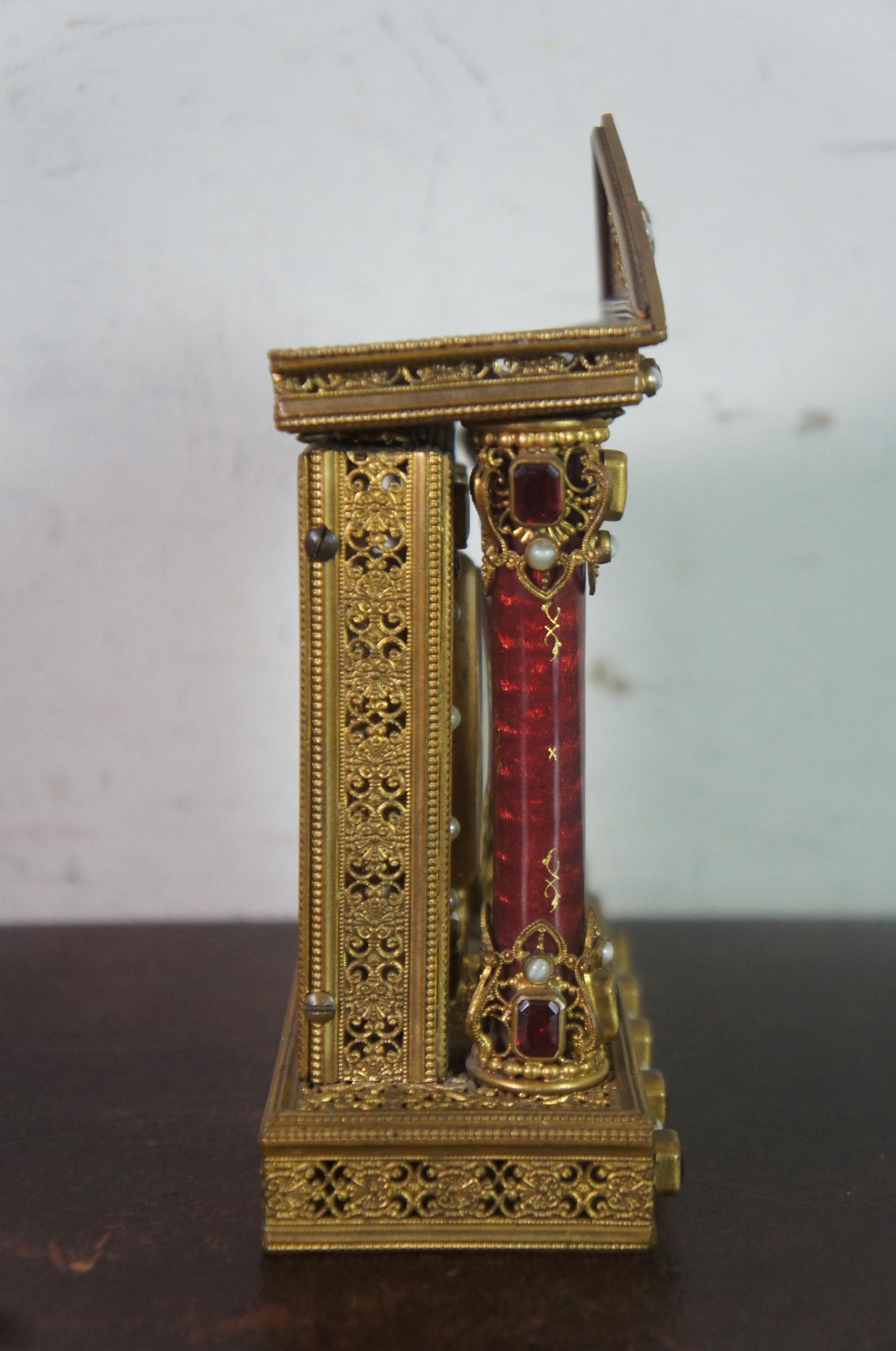 Antique French Neoclassical Gilt Filigree Jeweled Vanity Desk Pediment Clock 1