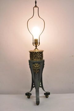 Antique French Neoclassical Green Iron Table Lamp w/ Brass Bacchus Face