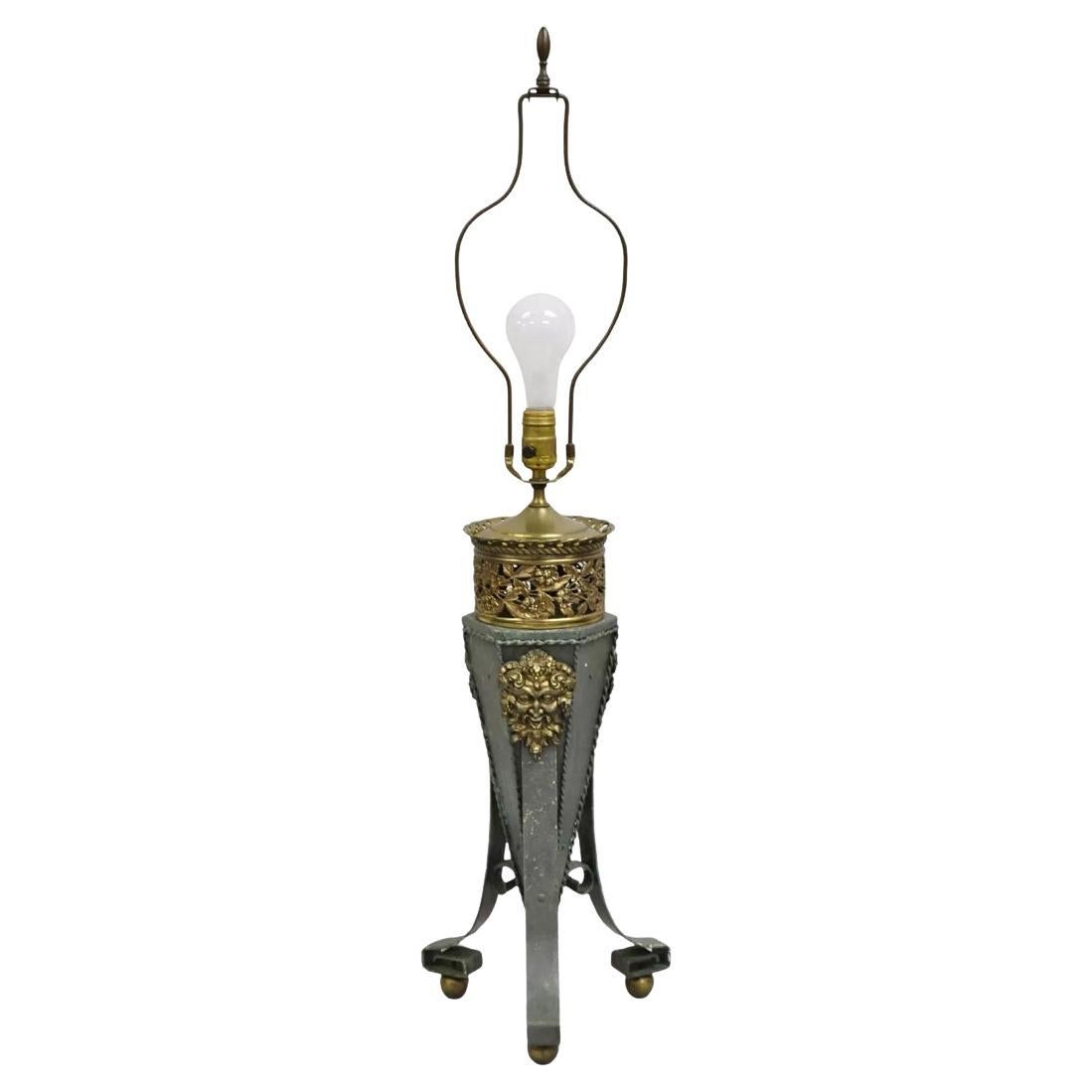 Antique French Neoclassical Green Iron Table Lamp w/ Brass Bacchus Face