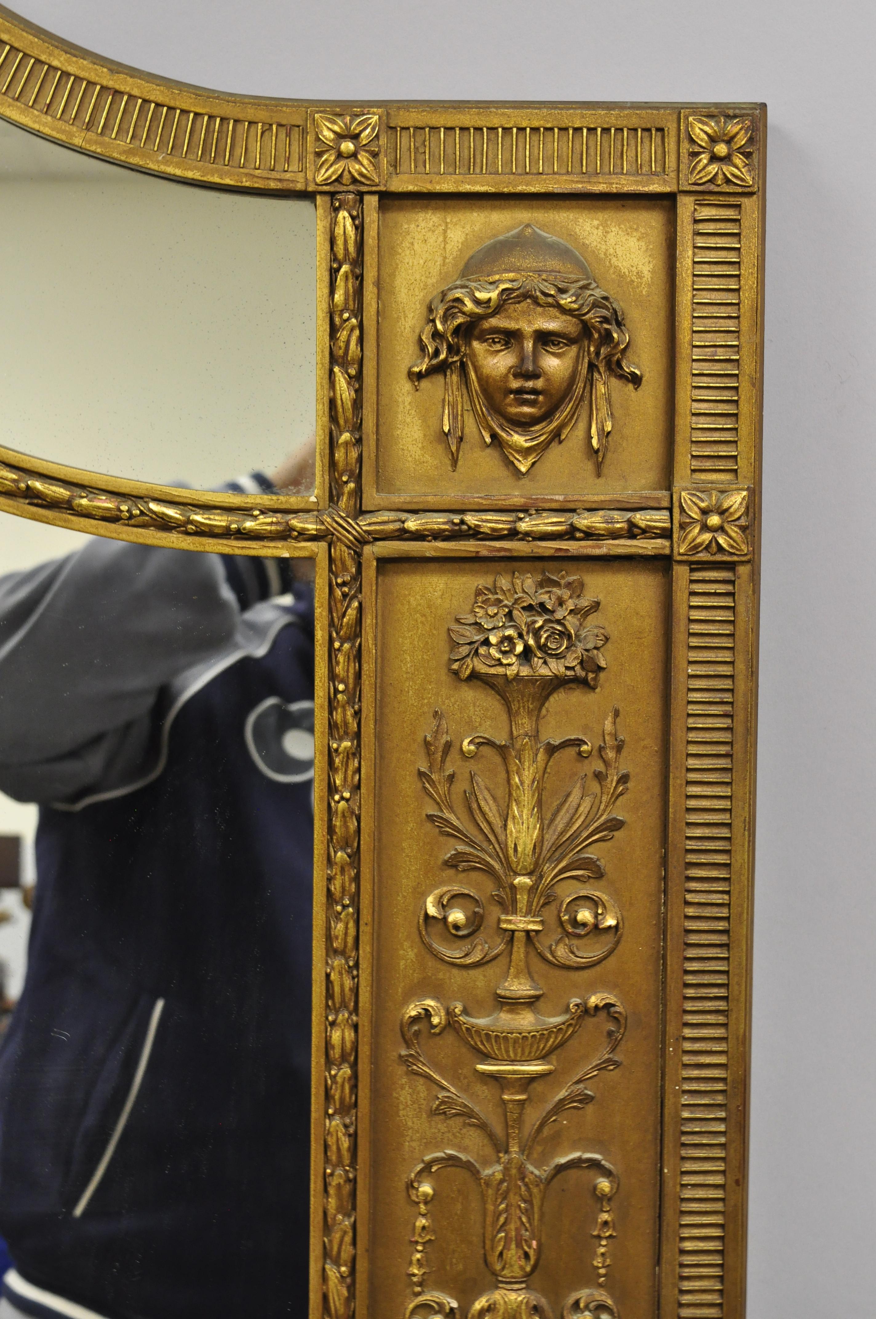 Grand miroir de sol Trumeau néoclassique français ancien en gesso figuratif doré en vente 5