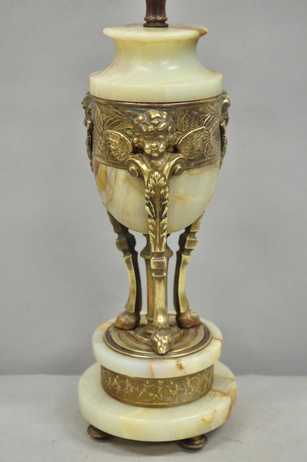 Unknown Antique French Neoclassical Louis XV Onyx Urn Figural Bronze Cherub Table Lamp For Sale