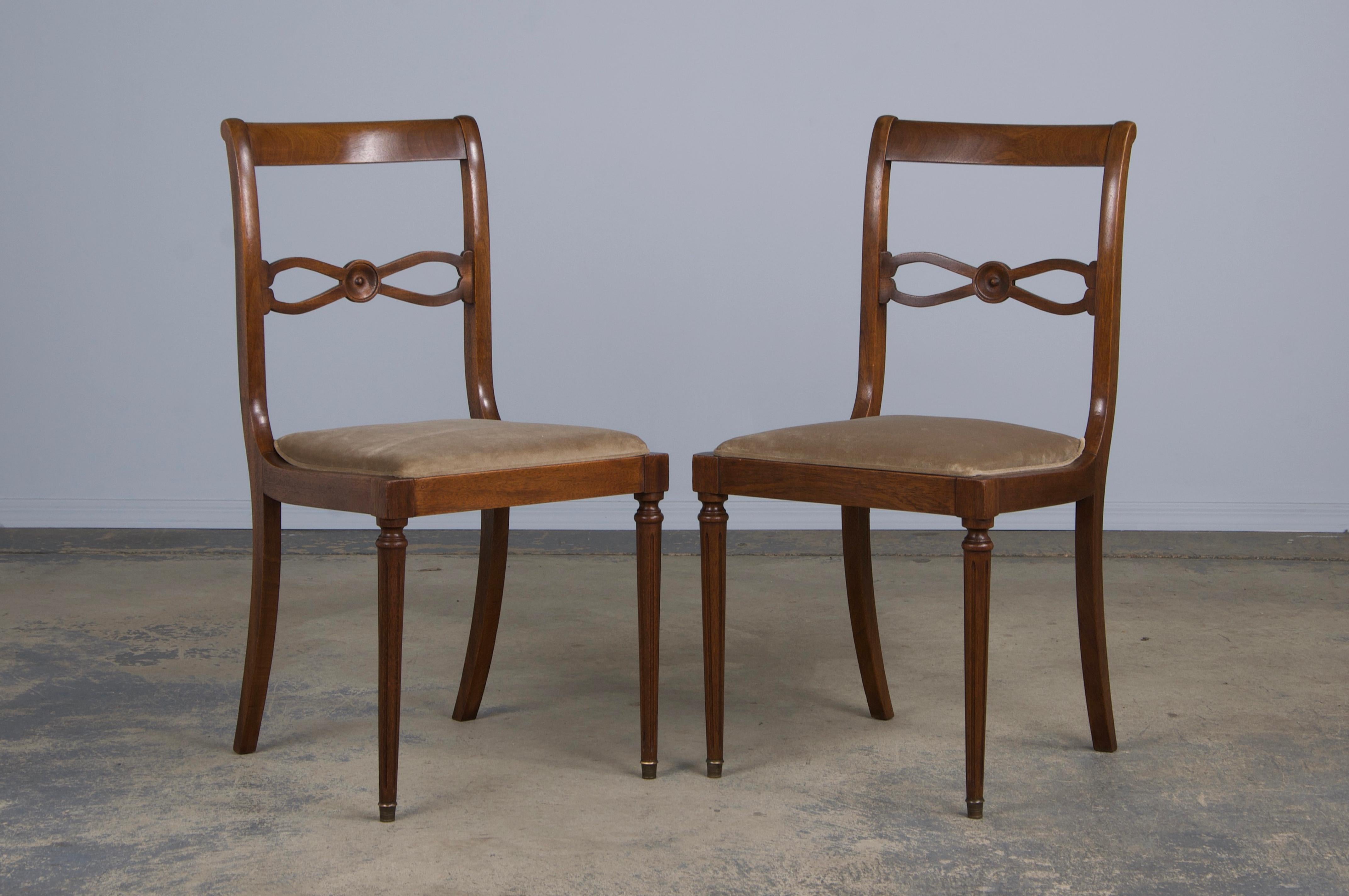 Velvet Antique French Neoclassical Louis XVI Style Walnut Dining Chairs - Set of 8